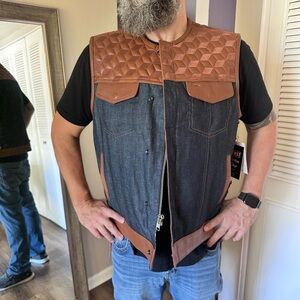 Men's XL Custom made Leather and Denim motorcycle Vest